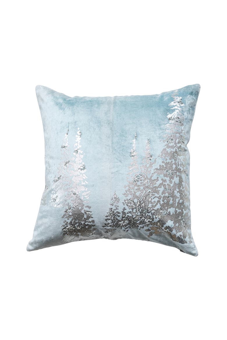 Cotton Blend Velvet Printed Pillow with Silver Foil Trees & Beads, Blue, Main, color, Silver & Blue