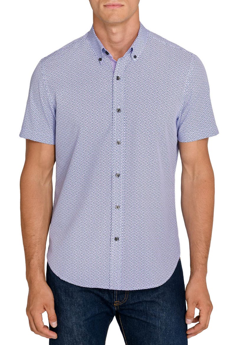 Geometric Short Sleeve Button-Down Shirt, Main, color, WHITE/ PURPLE