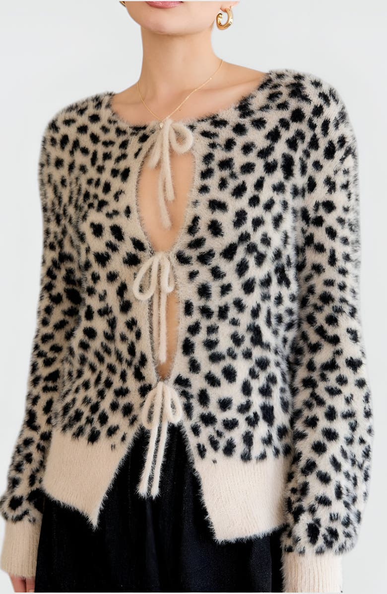 Modenaire Leopard Fuzzy Tie-Front Contrast Hem Cardigan, Alternate, color, 