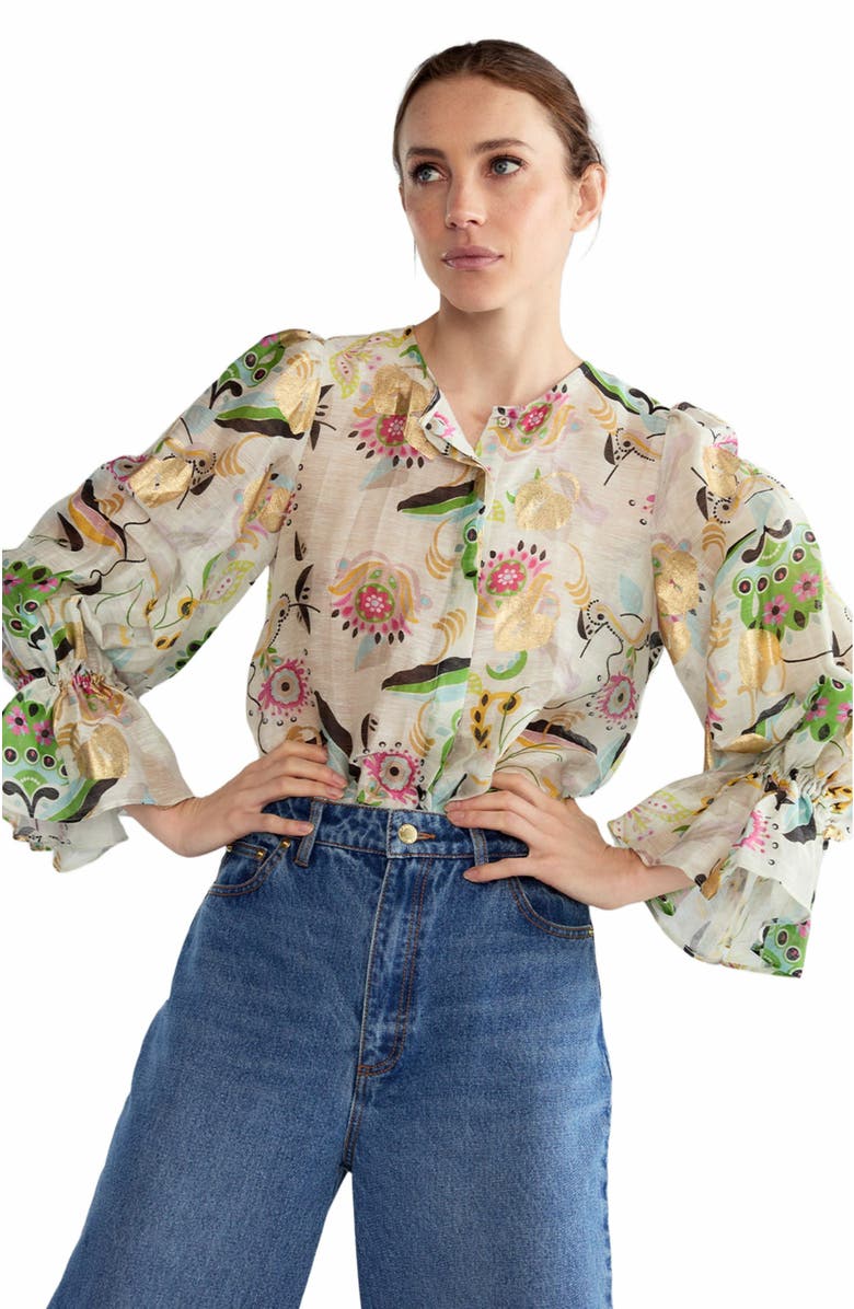 Cynthia Rowley Love Locket Silk Linen Blouse, Alternate, color, 