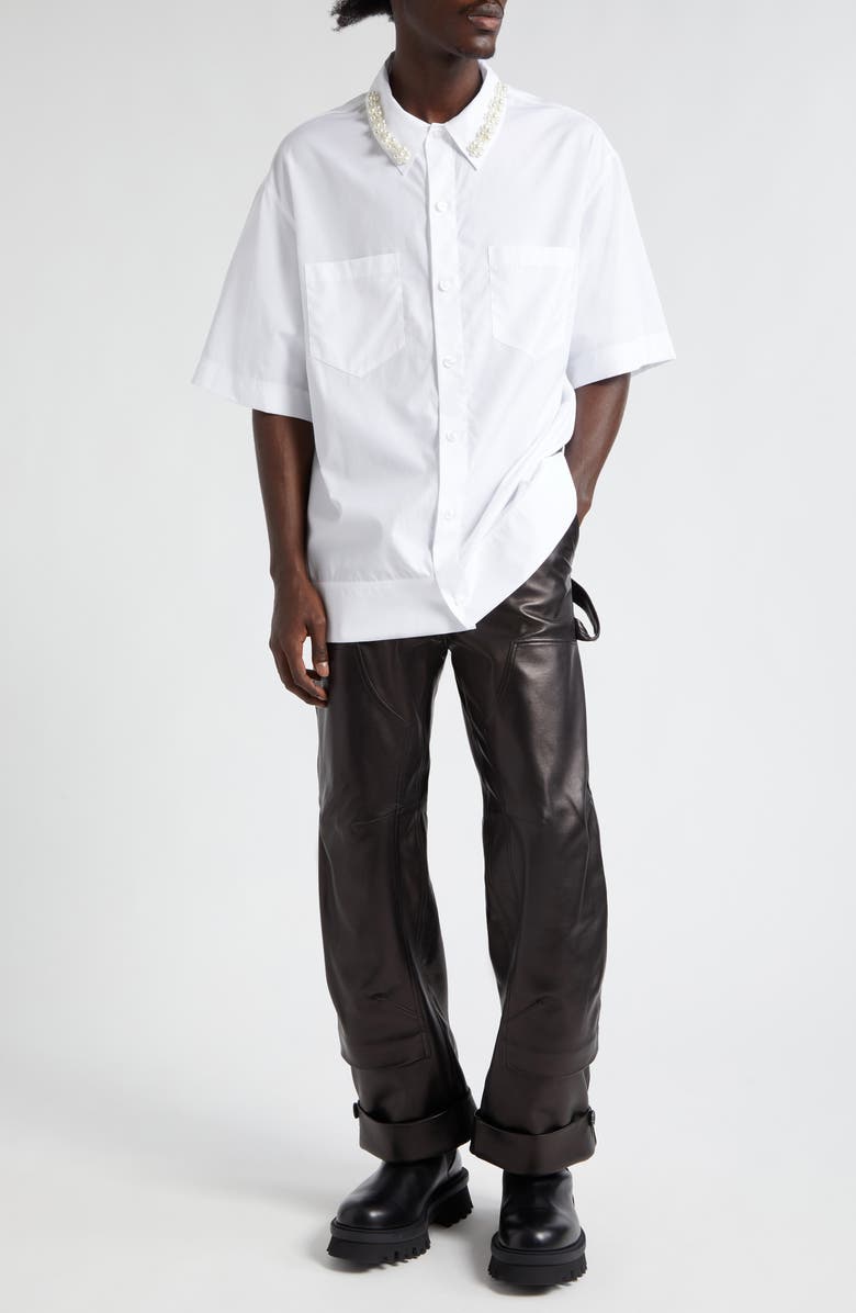 Simone Rocha Embellished Collar Boxy Short Sleeve Cotton Button-Up Shirt, Alternate, color,