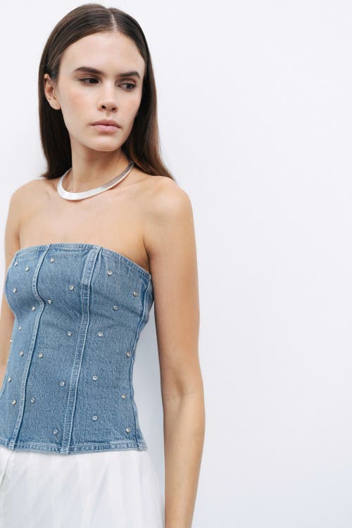 Nocturne Stoned Strapless Denim Crop Top In Indigo Blue