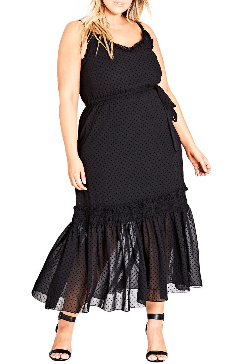 Flocked Spot Maxi Dress, Main, color, BLACK SPOT