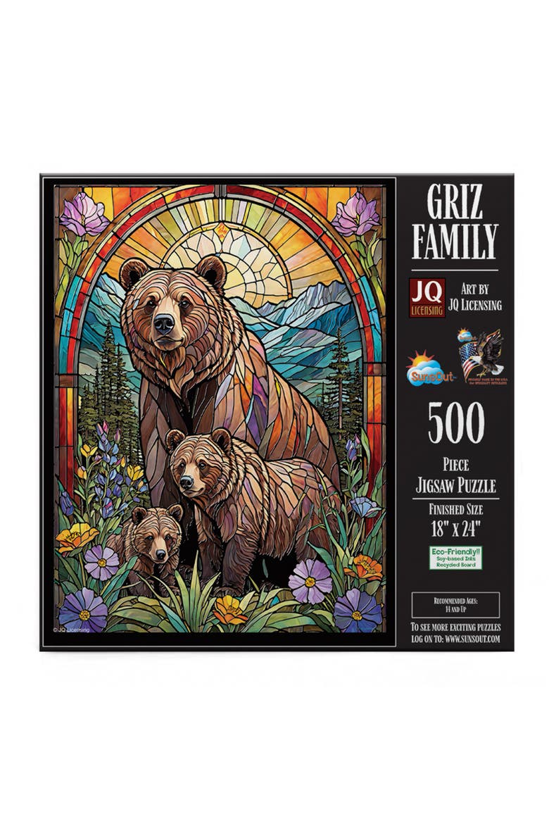 Griz Family Stained Glass Bears 500 piece Jigsaw Puzzle for Adults, Alternate, color, Multicolor