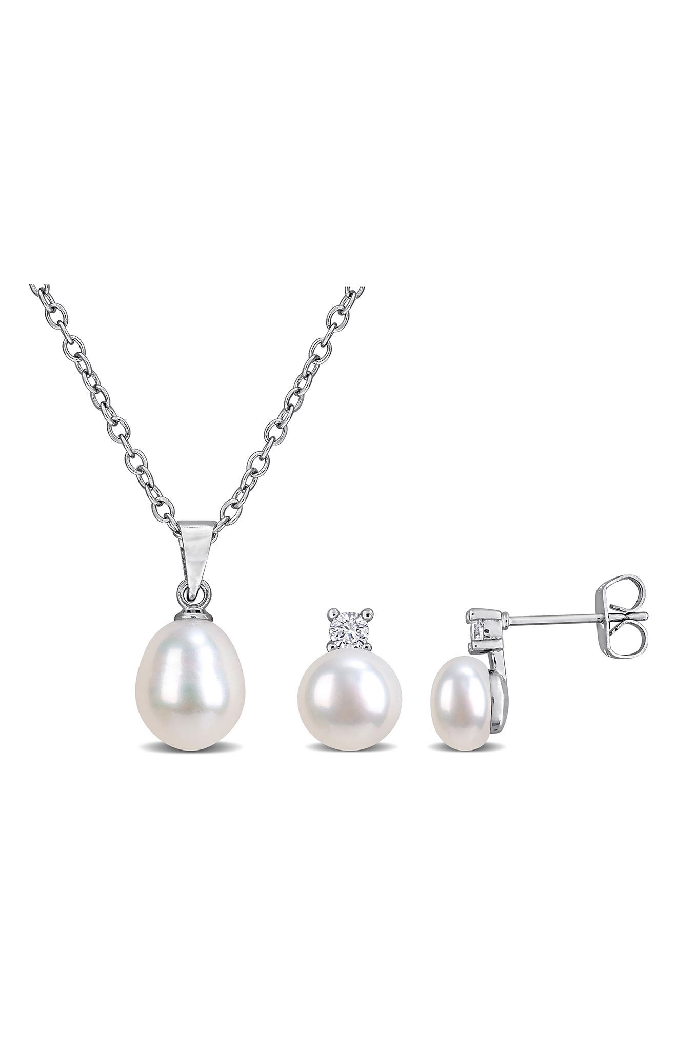 DELMAR Cubic Zirconia & Cultured Pearl Pendant Necklace & Stud Earrings Set