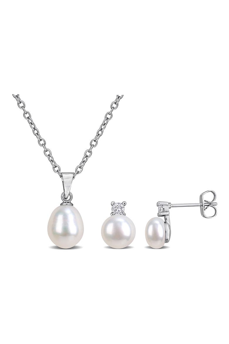 Cubic Zirconia & Cultured Pearl Pendant Necklace & Stud Earrings Set, Main, color, SILVER