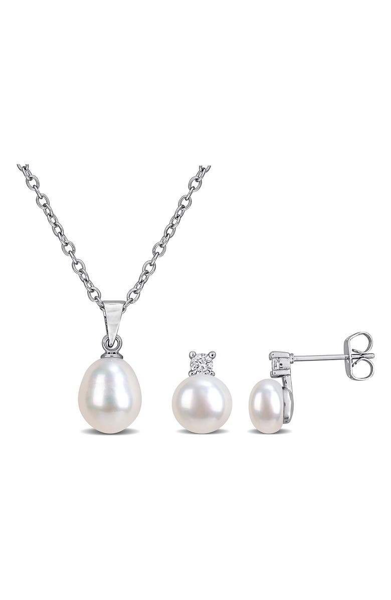 DELMAR Cubic Zirconia & Cultured Pearl Pendant Necklace & Stud Earrings Set, Main, color,