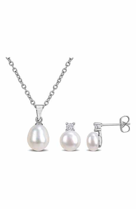 DELMAR Cubic Zirconia & Cultured Pearl Pendant Necklace & Stud Earrings Set