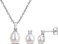 DELMAR Cubic Zirconia & Cultured Pearl Pendant Necklace & Stud Earrings Set