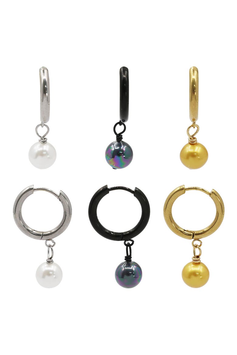 Gender Inclusive Set of 3 Faux Pearl Huggie Hoop Earrings, Main, color, SILVER