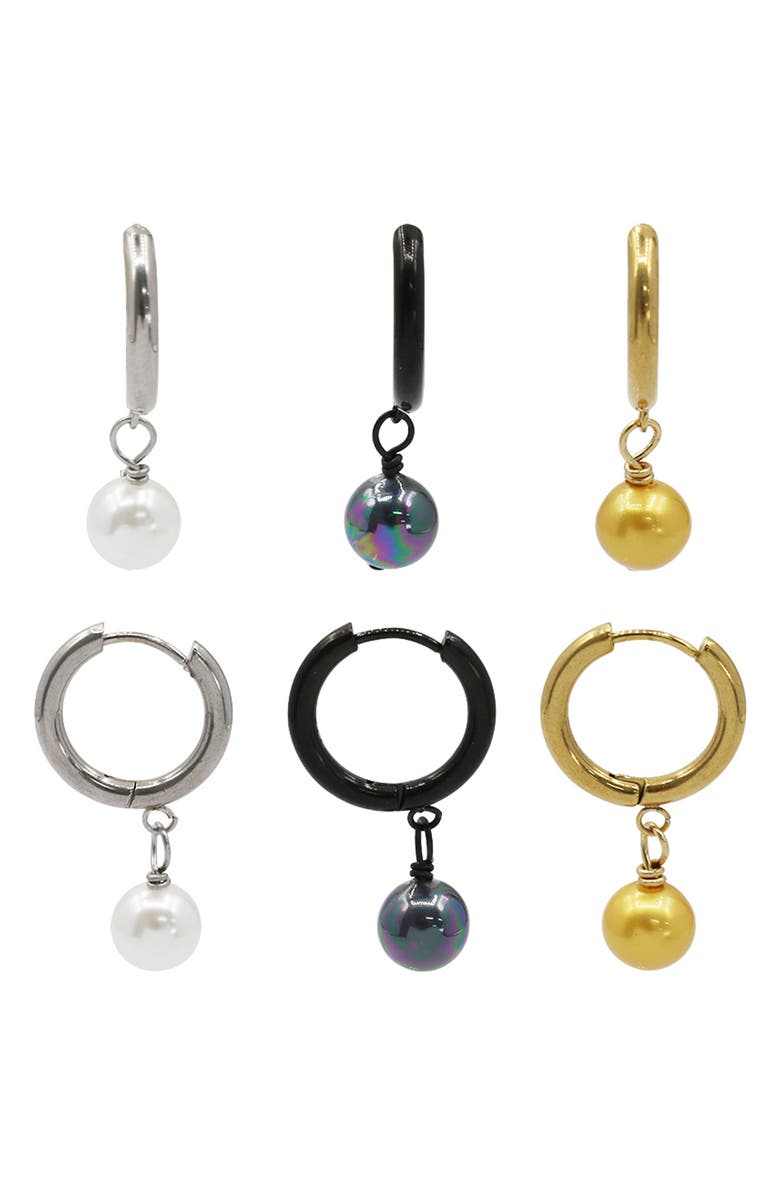 REBL Gender Inclusive Set of 3 Faux Pearl Huggie Hoop Earrings, Main, color, Silver