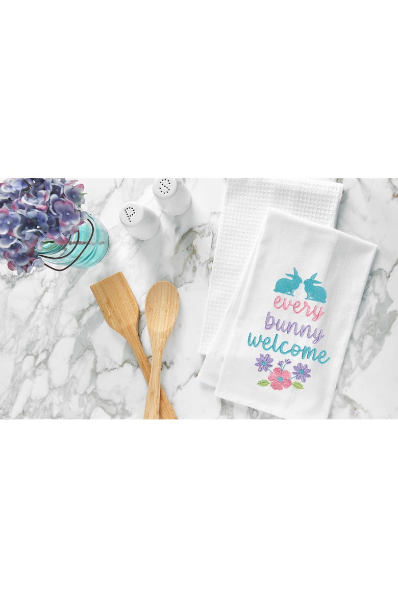 "Every Bunny Welcome" Spring Easter Rabbit Embroidered Cotton Flour Sack Kitchen Dishtowel, Alternate, color, White