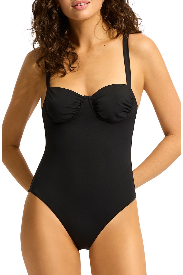 Shirred Cup Underwire One-Piece Swimsuit, Main, color, BLACK