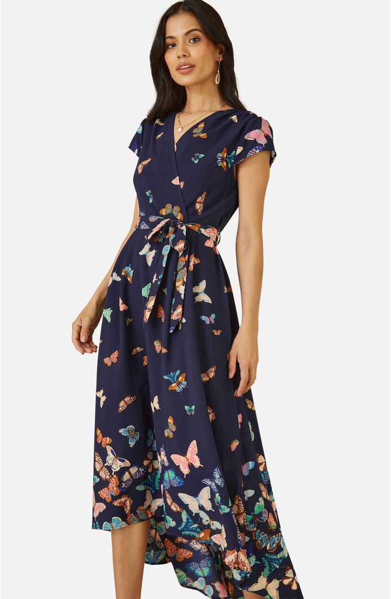Yumi Butterfly Print Dip Hem Midi Wrap Dress, Alternate, color, Navy