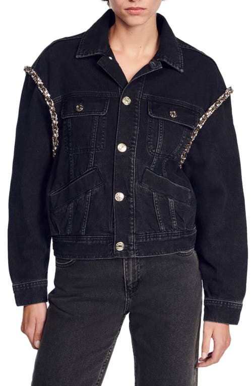 Sandro Oversized Denim Jacket With Rhinestones In Black