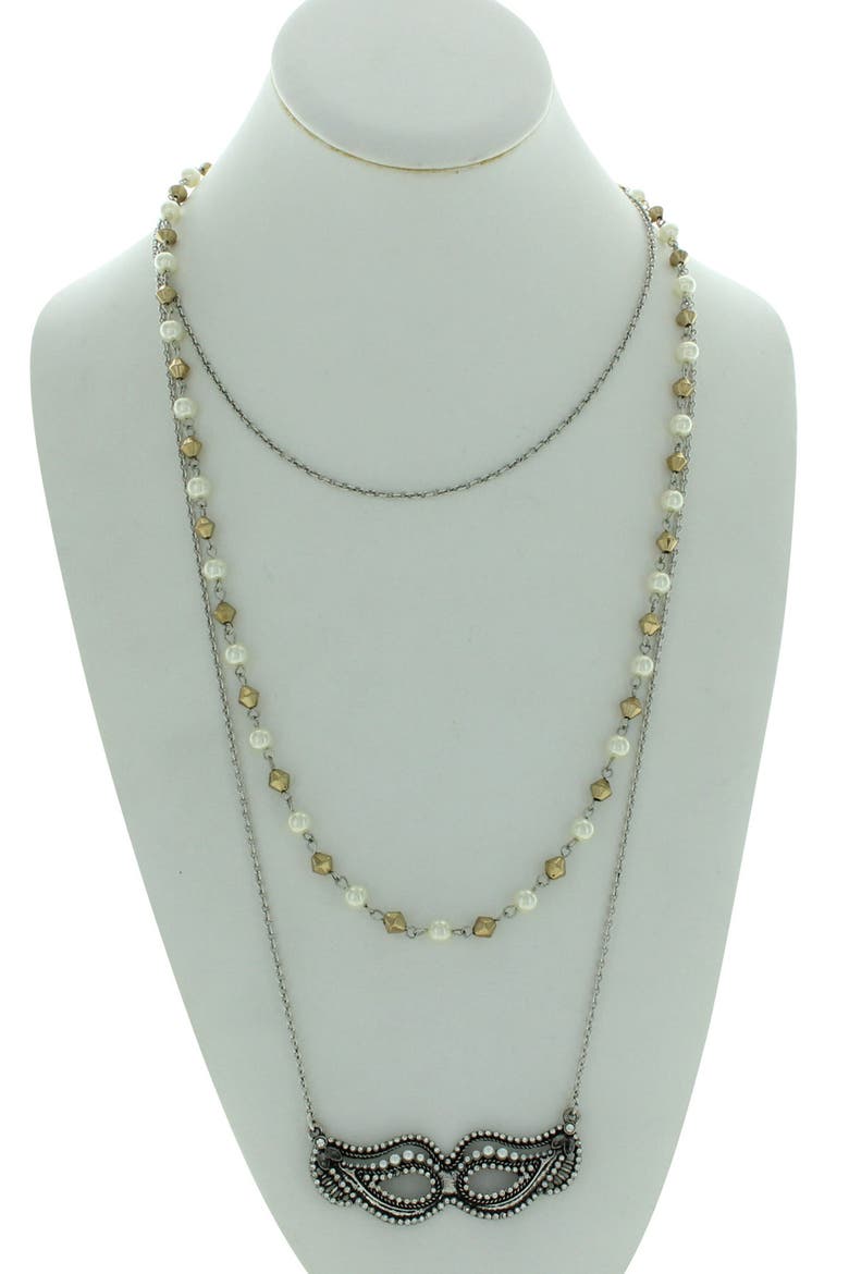 Triple Layer Beaded Imitation Pearl Mask Pendant Necklace, Alternate, color, ANTIQUE SILVER / CREAM