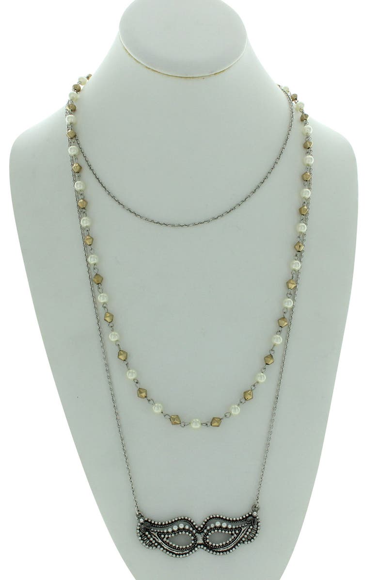 OLIVIA WELLES Triple Layer Beaded Imitation Pearl Mask Pendant Necklace, Alternate, color, Antique Silver / Cream