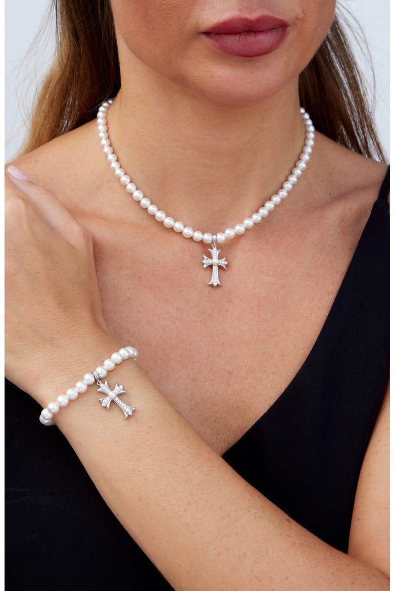 Imitation Pearl Cross Stretch Bracelet, Alternate, color, WHITE