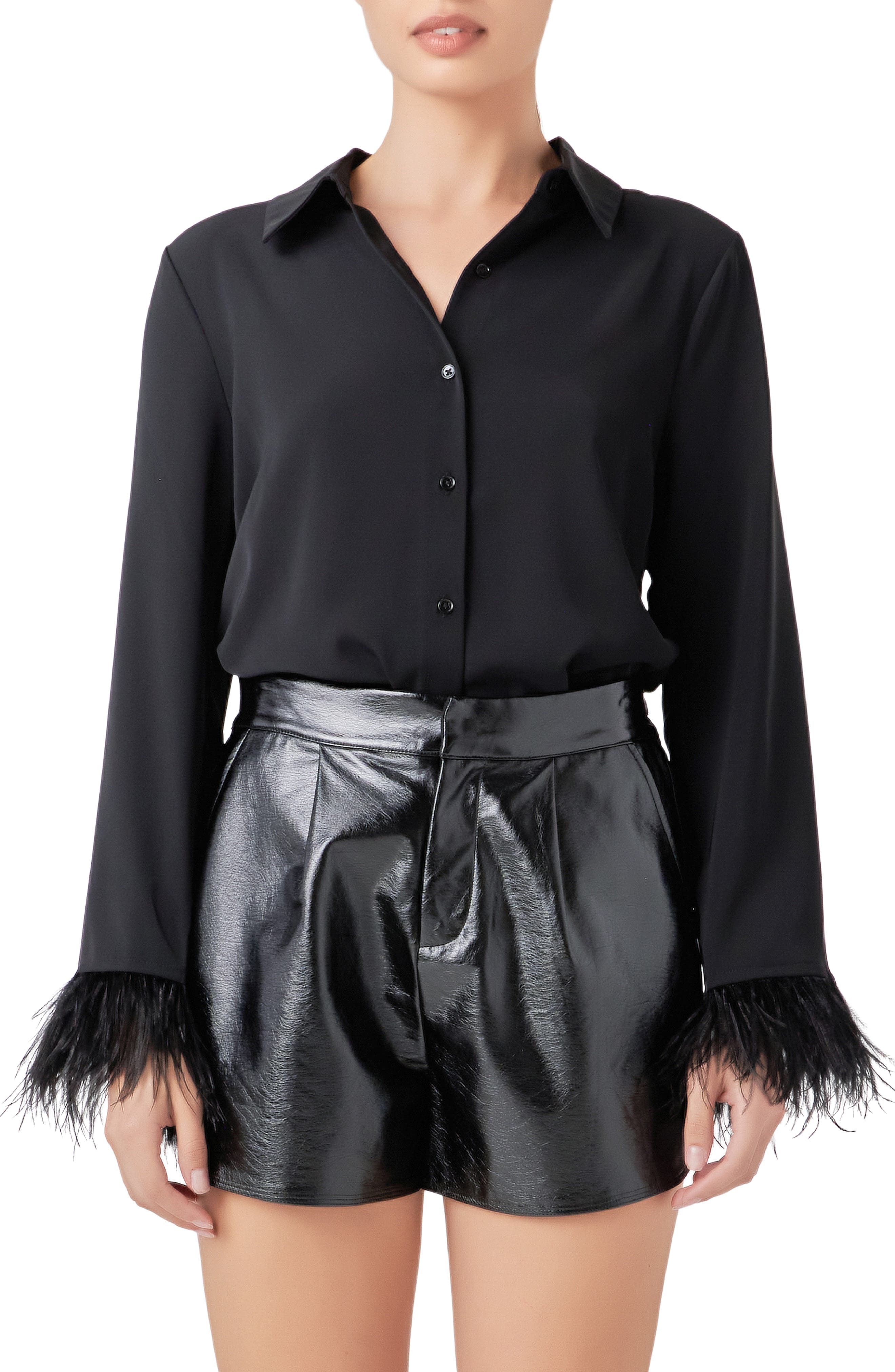 Faux Feather Trim Button-Up Blouse