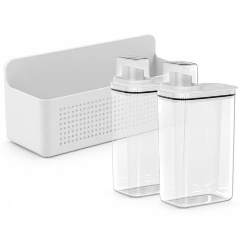Clear Airtight 77oz Laundry Detergent Dispenser Set with Measuring Cap and Wall Mounted Storage Basket, 3 Piece Organizer