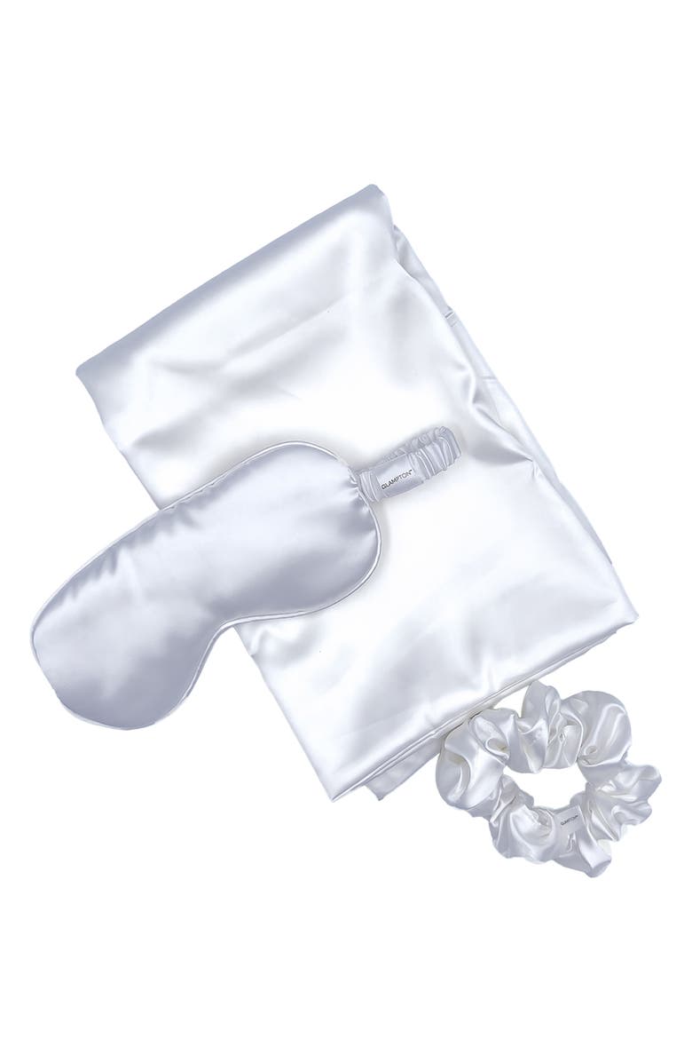 GLAMPTON Satin Pillowcase, Scrunchi & Mask Set, Alternate, color, White