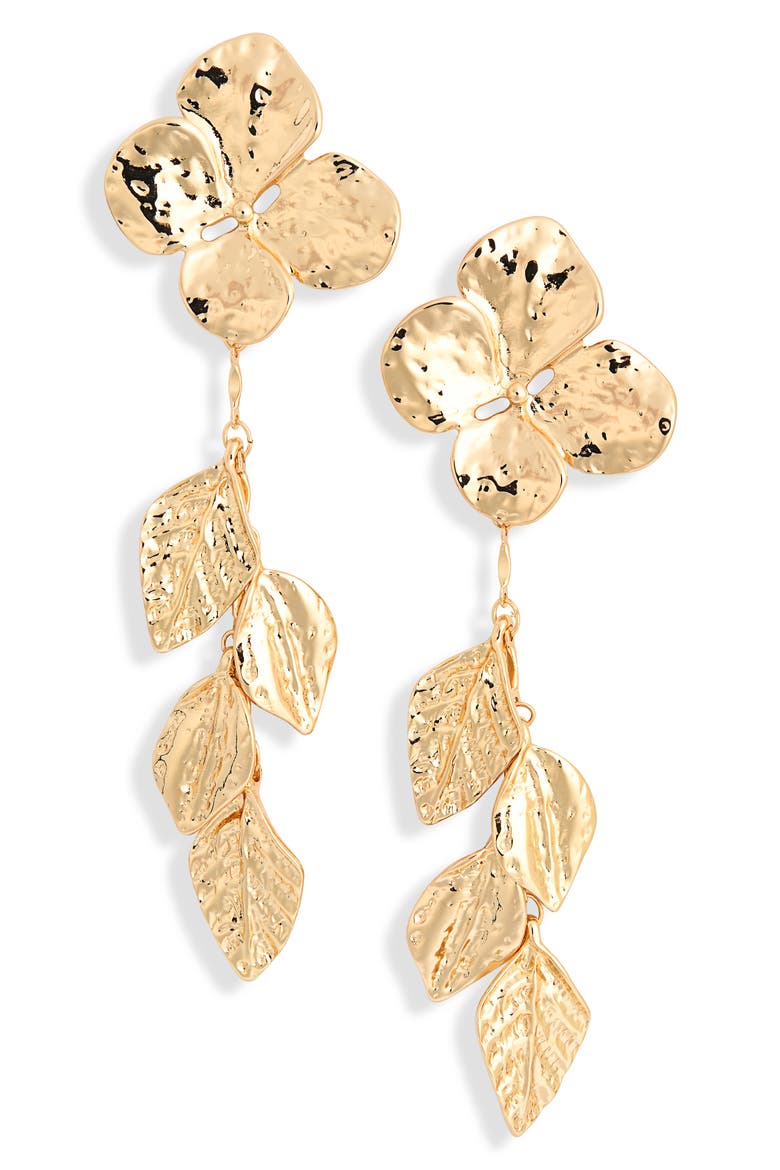 Floral Leaf Drop Earrings, Main, color, GOLD