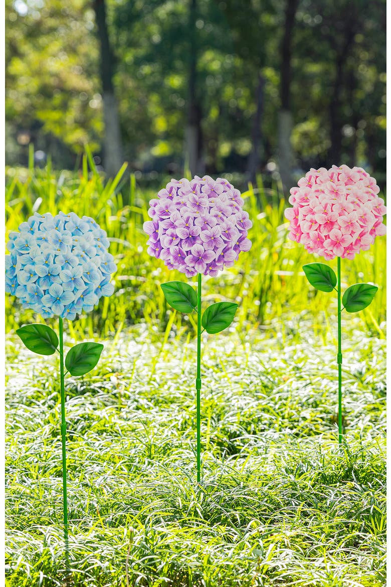 Set of 3 Metal Happy Face Flower Hydrangea Picks Wall Decor, Alternate, color, Pink