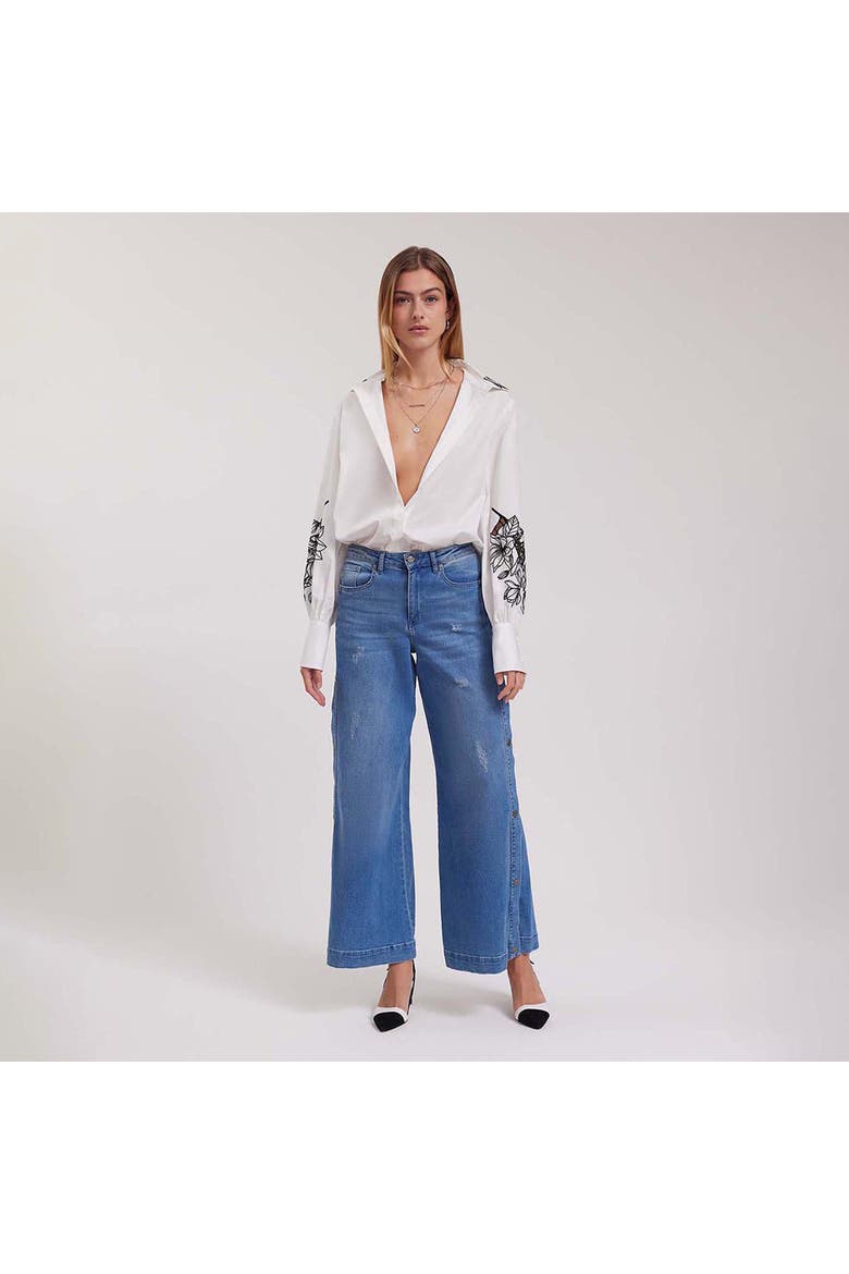 Women's Shirt  Leonie White Long Sleeve Cotton Poplin Shirt With Black Embroidered Flowers, Alternate, color, Black/White