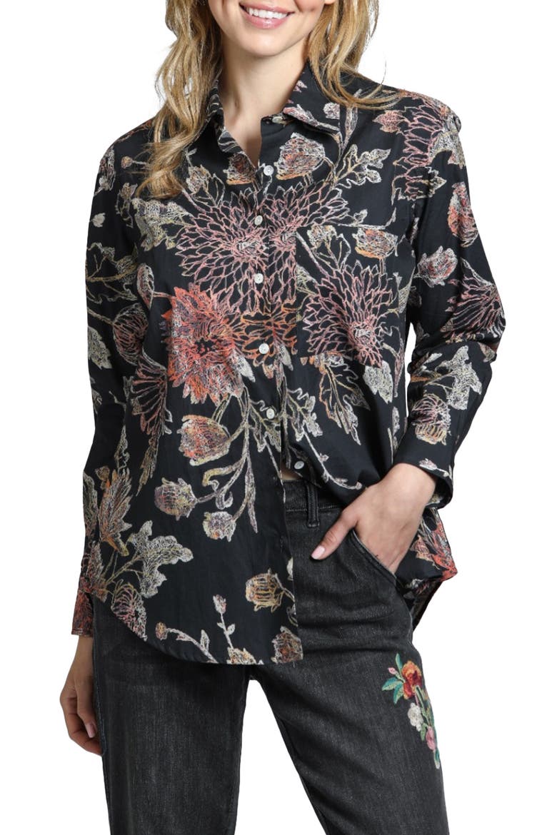 Boyfriend Poplin Button-Up Shirt, Main, color, BLACK MULTI