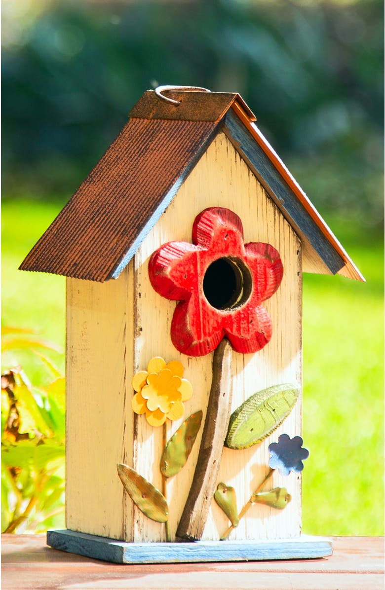 Glitzhome 10"H Multicolor Cute Distressed Solid Wood Birdhouse with 3D Flowers, Alternate, color, White