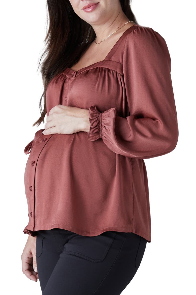 Belted Button Front Long Sleeve Maternity Blouse, Alternate, color, APPLE BUTTER