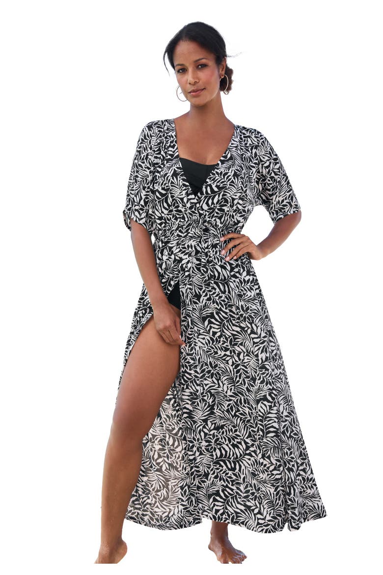 Faux-Wrap Swim Cover Up, Main, color, BLACK WHITE PALMS
