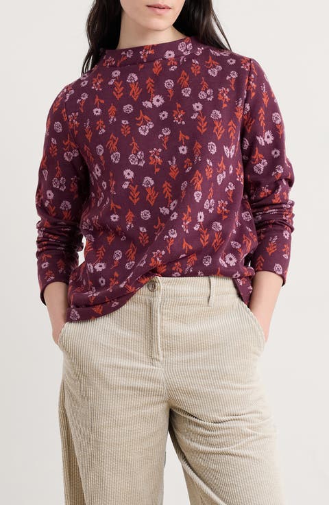 Field Glass Print Cotton Blend Mock Neck Top