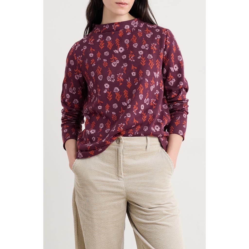 Seasalt Cornwall Field Glass Print Cotton Blend Mock Neck Top In Burgundy