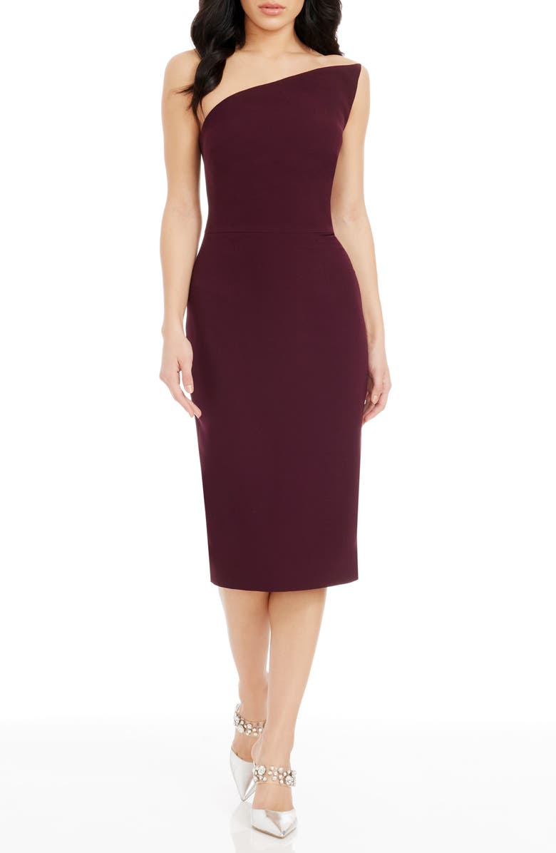 Dress the Population Milan Strapless Sheath Cocktail Dress, Main, color, Port