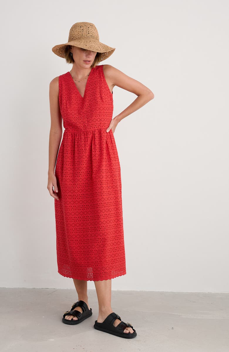 Seasalt Cornwall Meadow Saffron Eyelet Embroidered Sleevleess Dress, Alternate, color, Tomato
