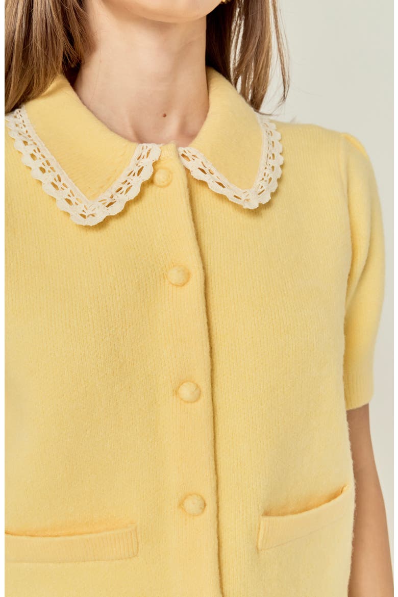 Lace Trim Puff Sleeve Cardigan, Alternate, color, BUTTER YELLOW