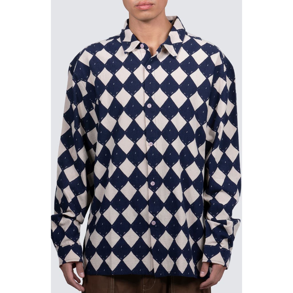 PLEASURES Diamond Print Button-Up Shirt in Navy