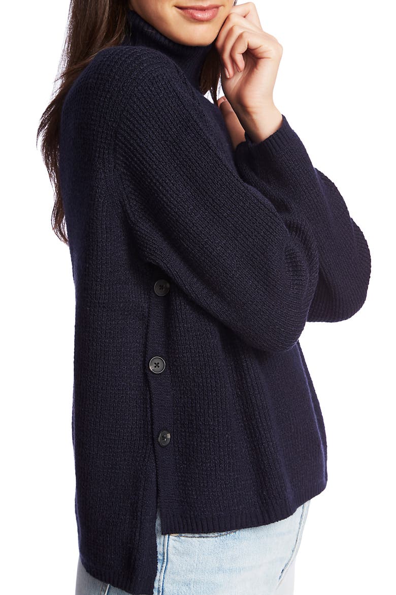 Side Button Waffle Weave Turtleneck Sweater, Alternate, color, BLUE NIGHT