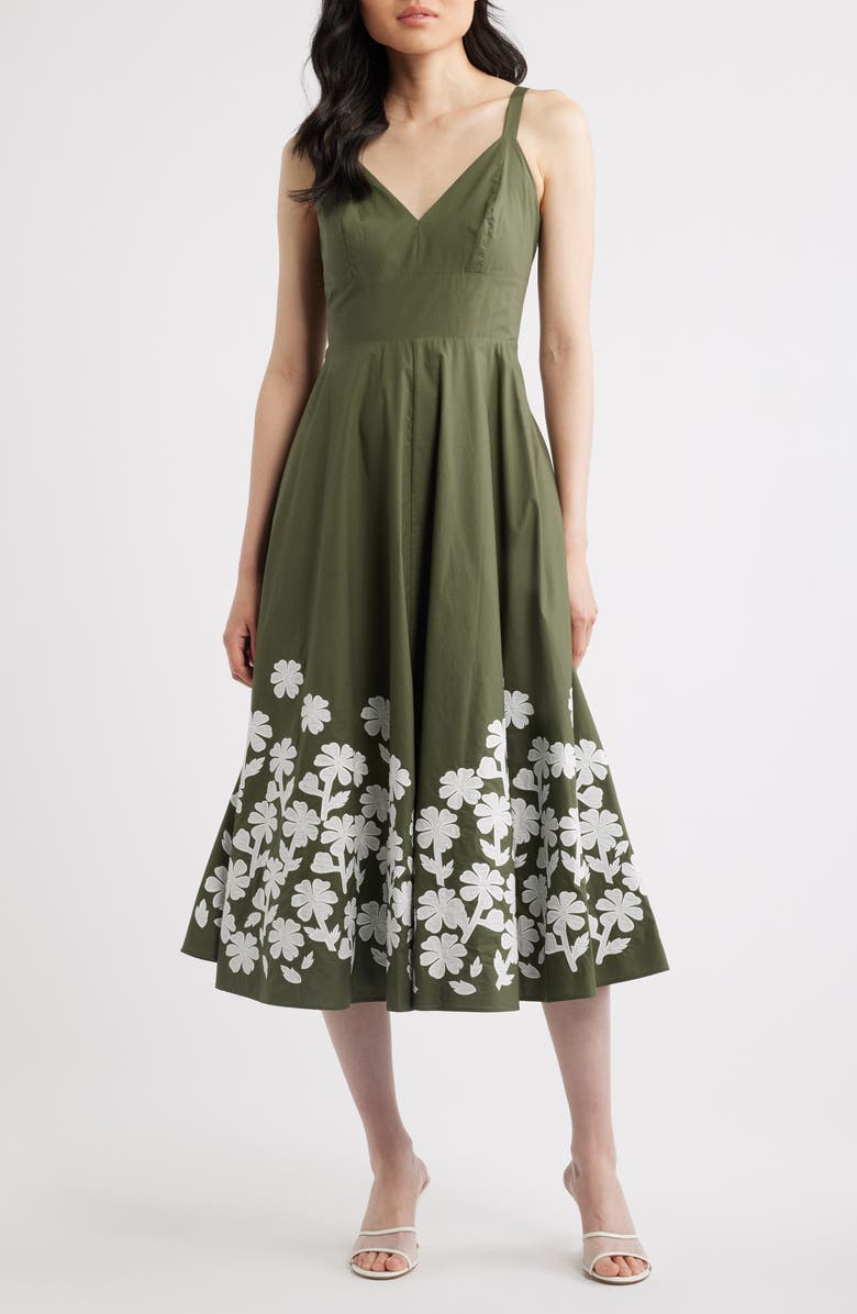Elie Tahari The Victoria Floral Appliqué Cotton Dress, Main, color, Dark Sage/ Sky White
