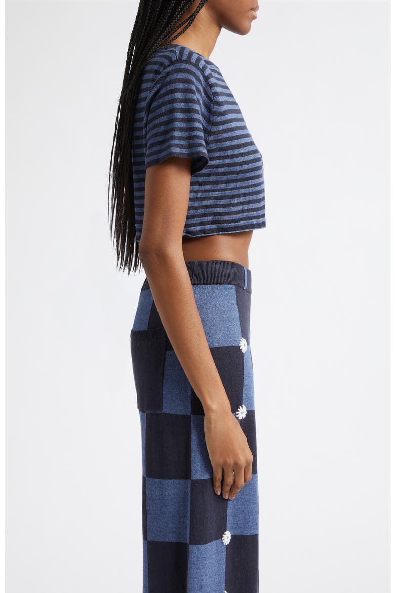 Daisy Stripe Crop Short Sleeve Linen Sweater, Alternate, color, DENIM