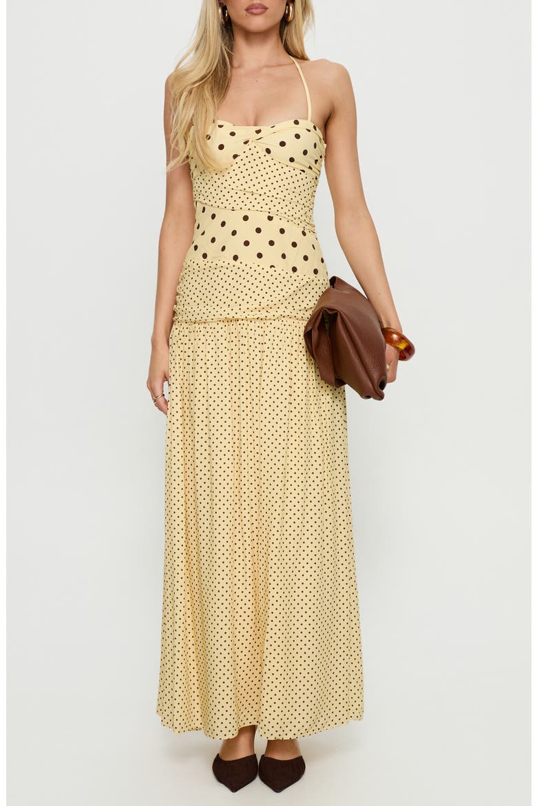 Marguerite Halter Dot Print Maxi Dress, Main, color, LEMON/ BROWN POLKADOT