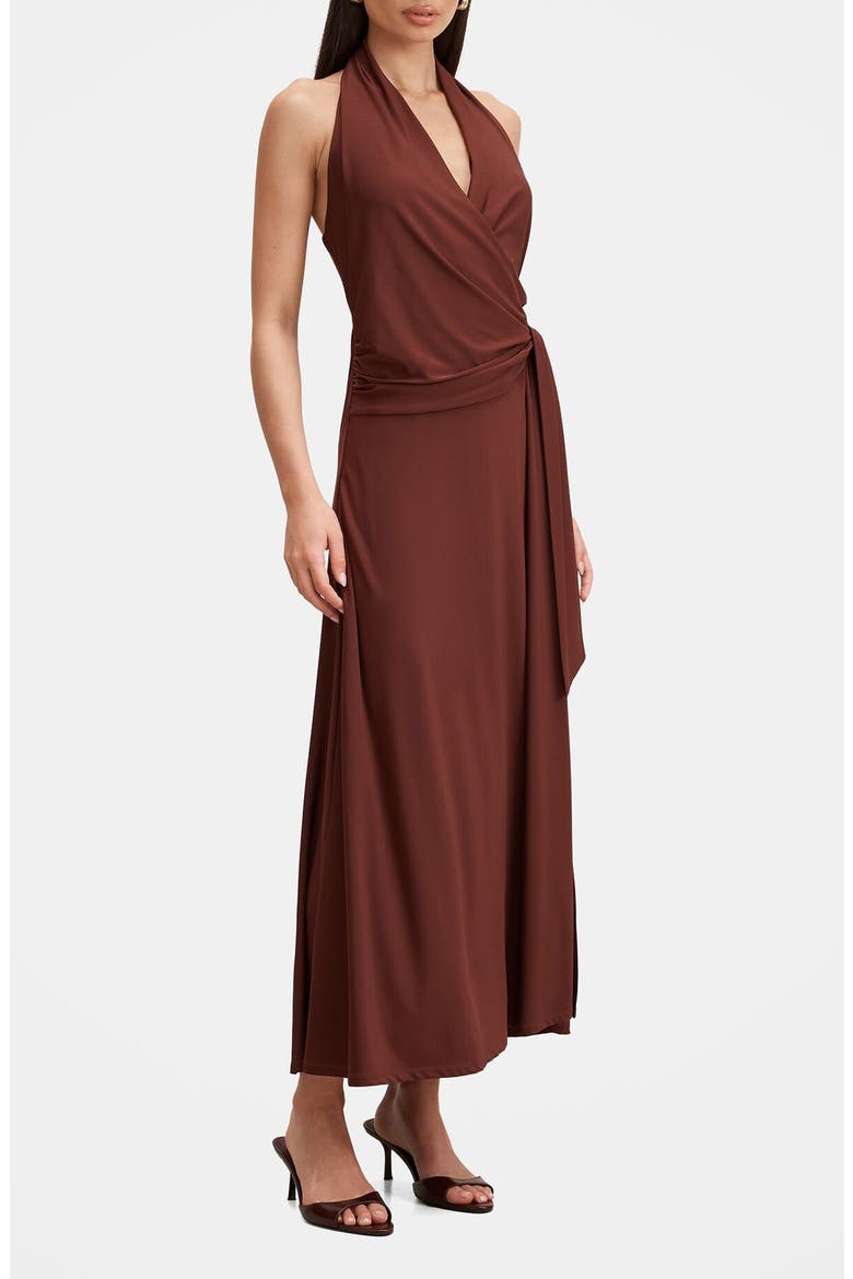 Aaliyah Faux Wrap Halter Maxi Dress, Alternate, color, DARK CHOCOLATE TRUFFLE
