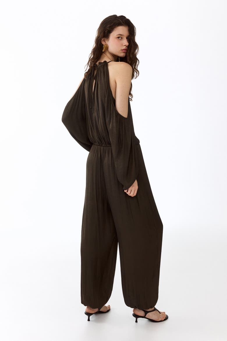 Open-shoulder Satin Jumpsuit, Alternate, color, Dark khaki green