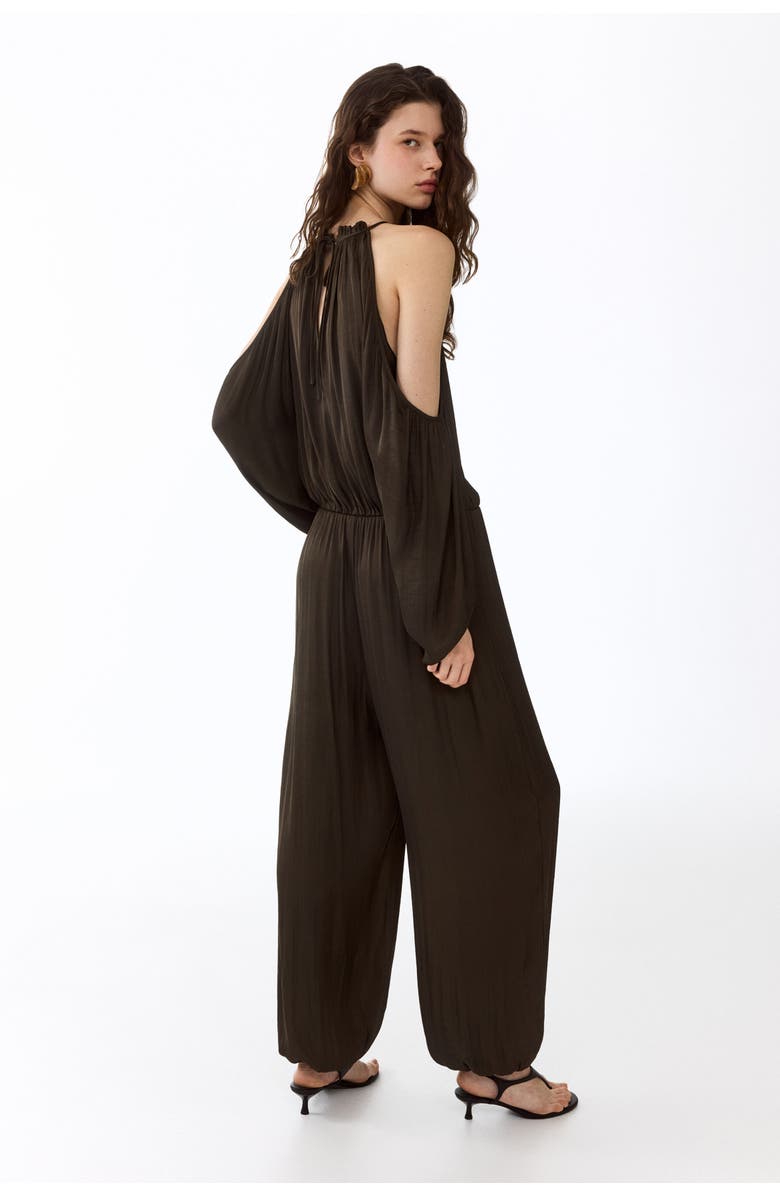 H&M Cold-shoulder Satin Jumpsuit, Alternate, color, Dark Khaki Green