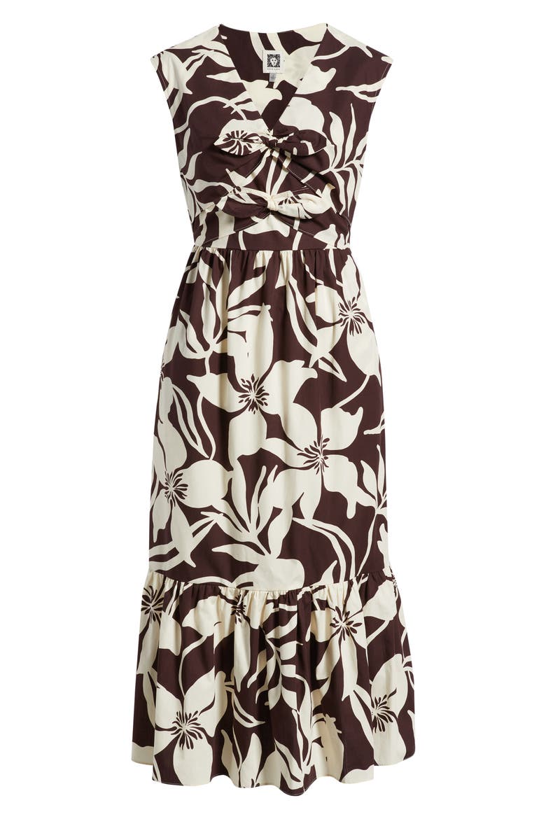 Print Bow Detail Sleeveless Midi Dress, Alternate, color, JAVA CHIP/IVORY SHEL