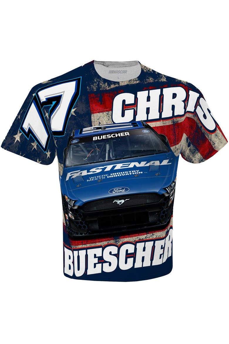 Men's Checkered Flag White Chris Buescher Fastenal Sublimated Patriotic Total Print T-Shirt, Alternate, color, White