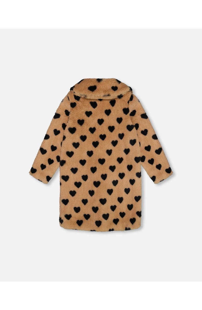 Deux par Deux Girl's Faux Fur Long Coat Caramel Printed Heart, Alternate, color, 