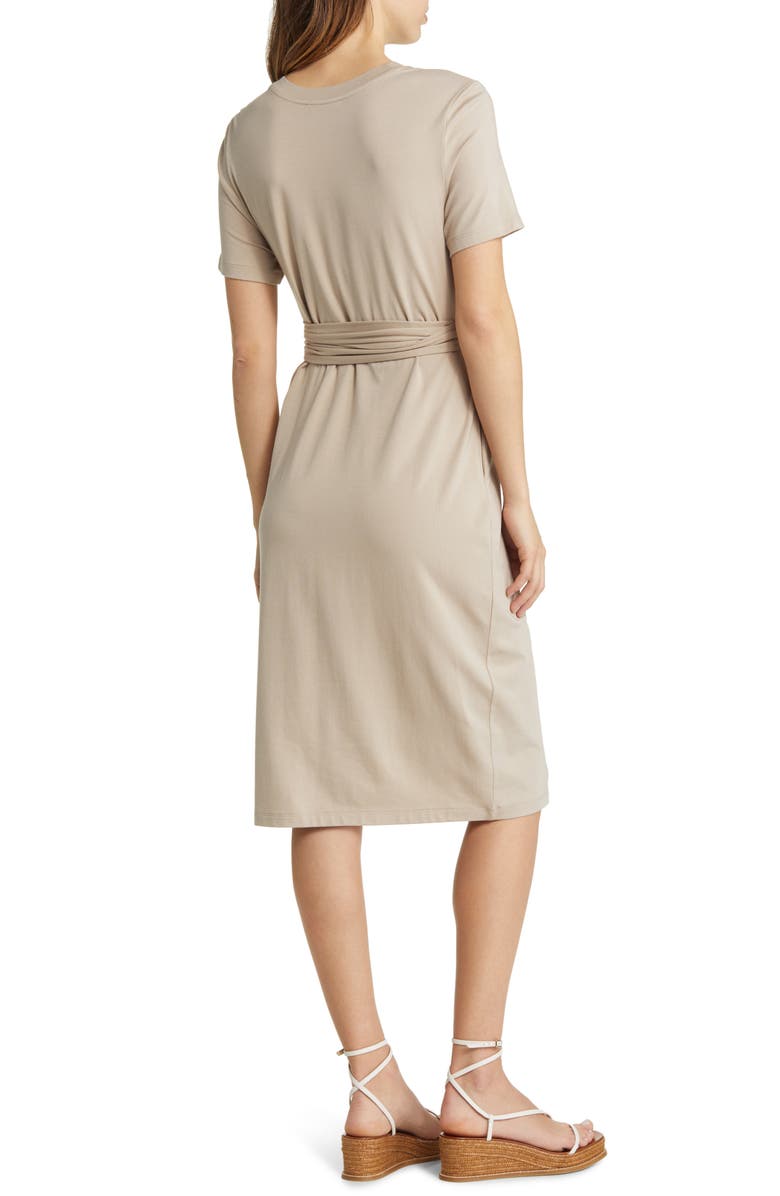 Nordstrom Signature Tie Front Short Sleeve Midi Dress, Alternate, color, Tan Cobblestone