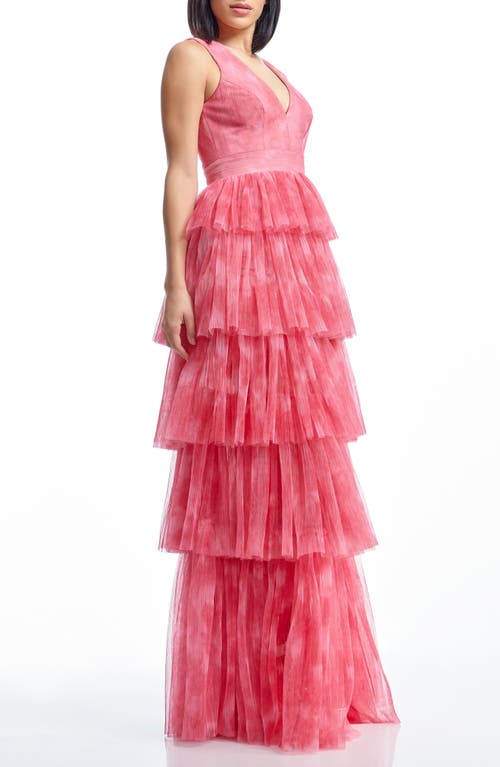 Dress The Population Radhika Tiered Plissé Tulle Gown In Raspberry Multi